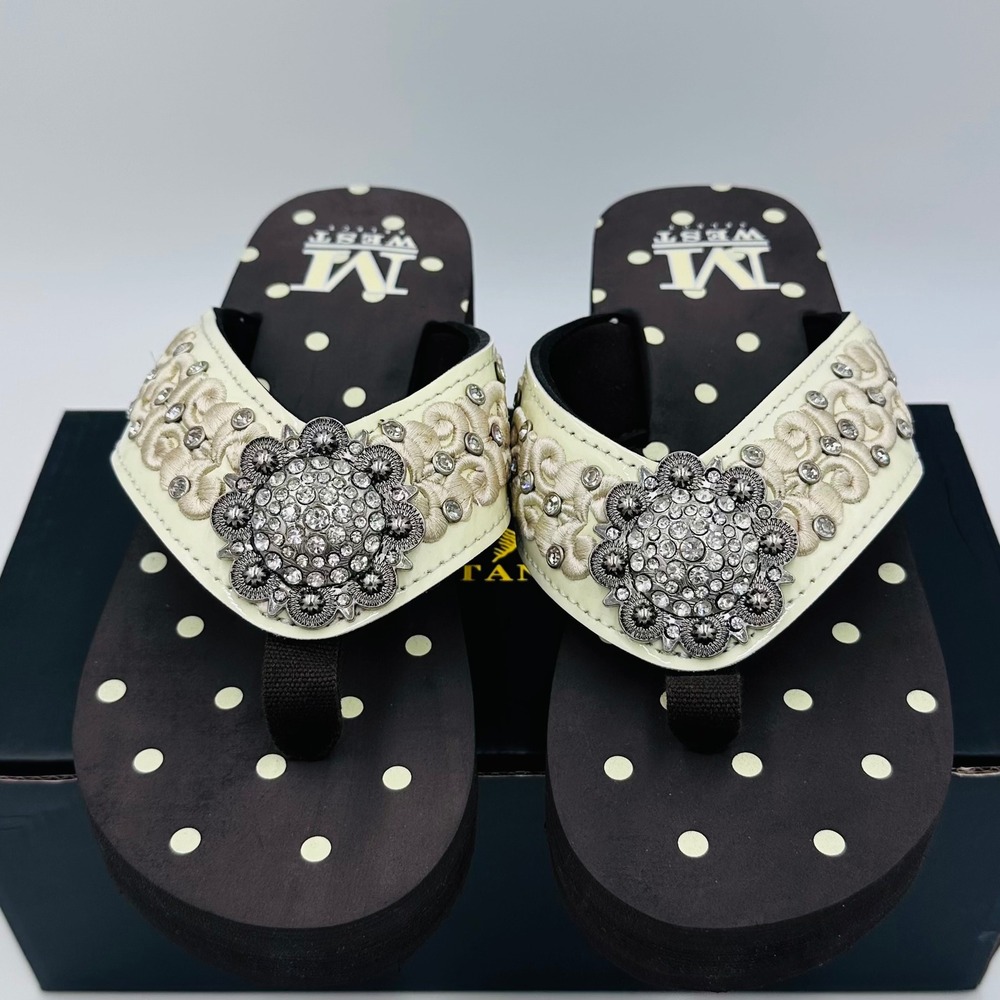 Montana West Flip Flops Womens 8 Creme Polka Dot Rhinestone Concho Platform NEW